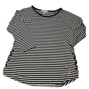 Michael‎ Kors Womens SZ M Green/White Striped Rhinestone Logo Graphic T-Shirt